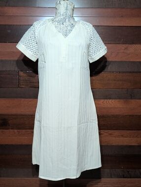 No Brand Tag Cream Textured Shift Dress with Lace Sleeves